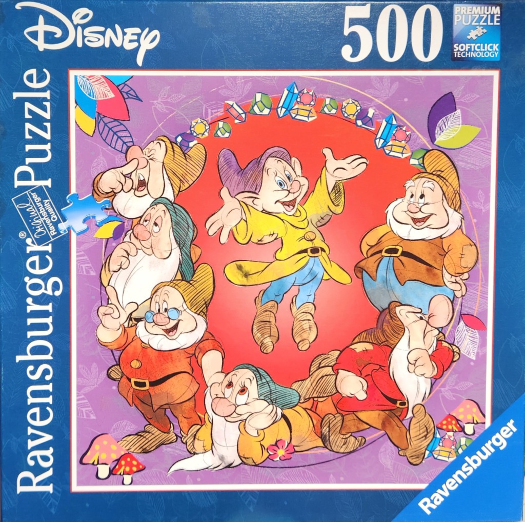 Cartoon illustration of the Seven Dwarfs gathered in a circle against a red and purple background.