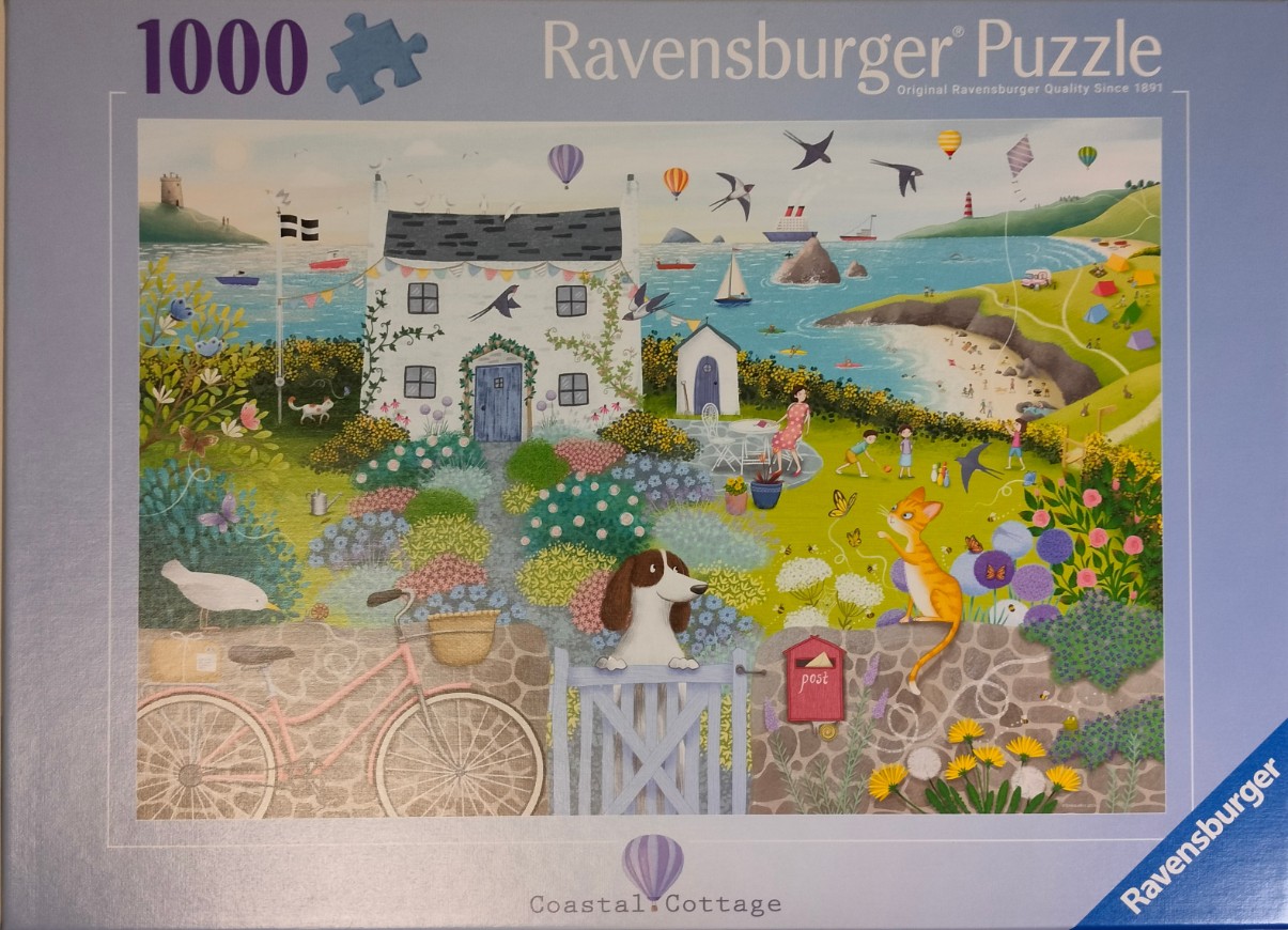 A whimsical illustration of a coastal cottage, a garden with a dog and cat, and a scenic bay.