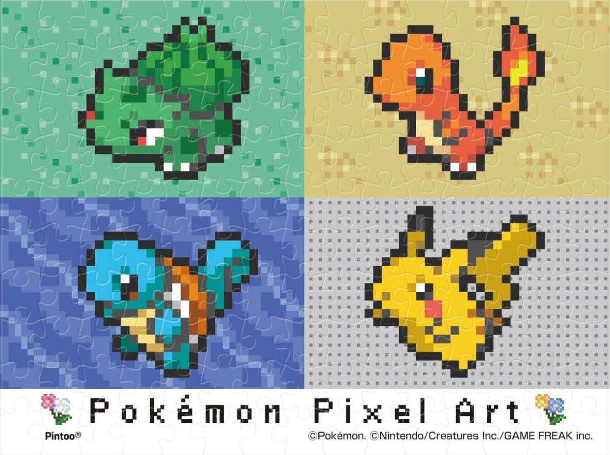 Four pixel art illustrations of popular characters arranged in a quadrant grid with colorful backgrounds.