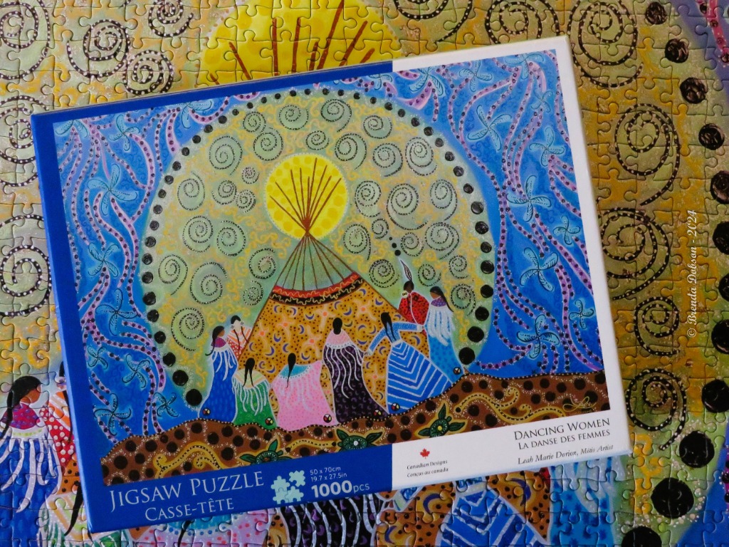 Indigenous artwork titled Dancing Women by Leah Marie Dorion featuring a circle of women dancing around a central tipi.
