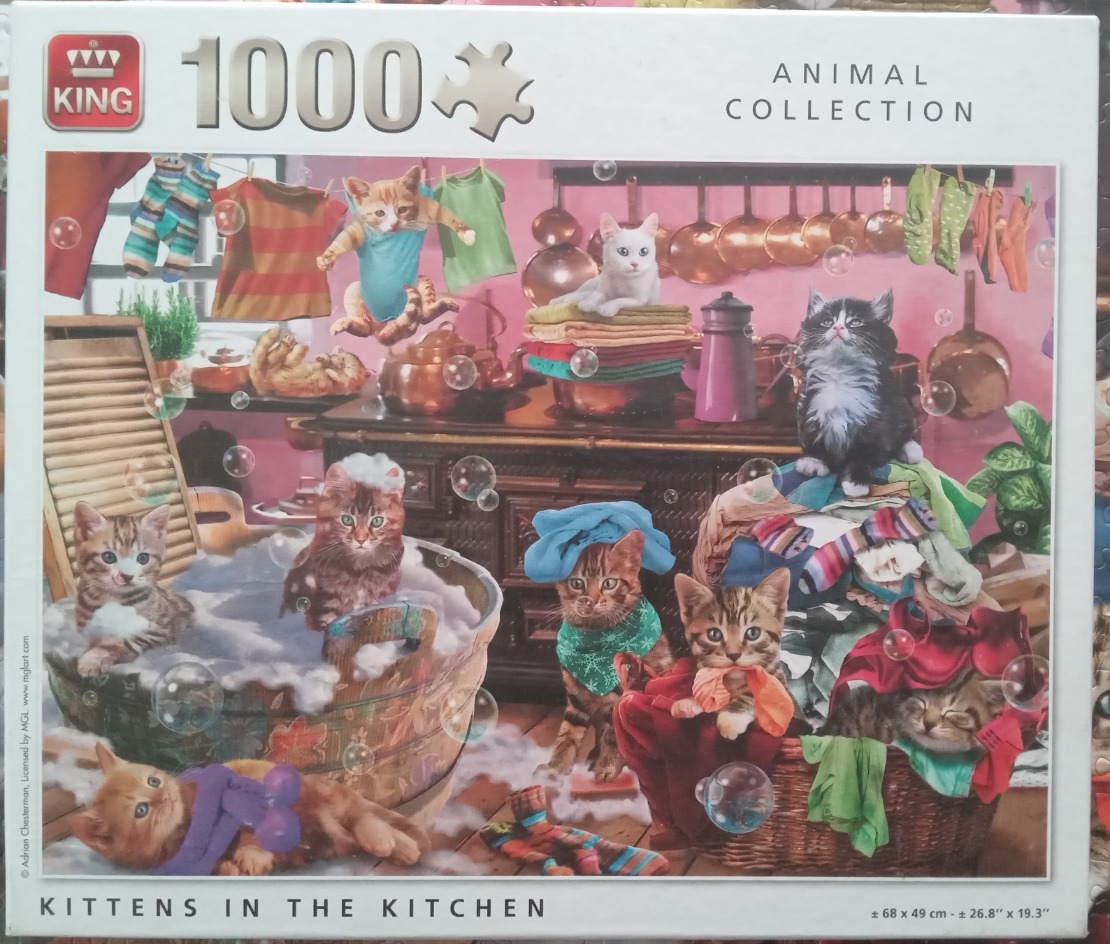 A whimsical illustration of seven kittens playing and bathing in a cluttered kitchen.