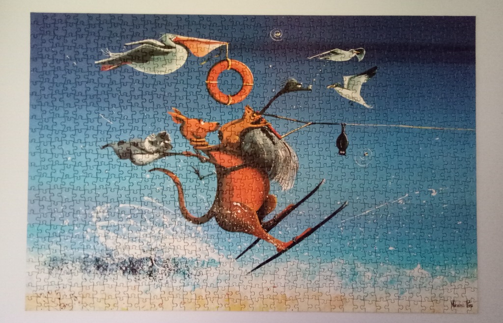 Whimsical cartoon of an orange kangaroo water-skiing while pulled by a pelican.