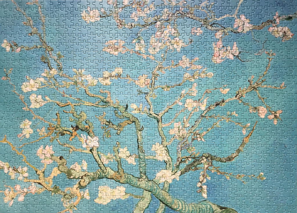 Impressionist painting of almond blossoms on blue background, reminiscent of Van Gogh.