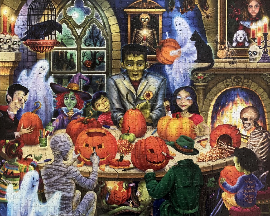 A group of diverse monsters gathering around a table to carve pumpkins in a spooky, candlelit room.