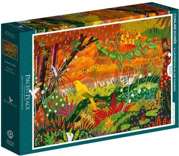 A vibrant folk art-style painting of a yellow conure bird in a dense, sunset-colored tropical jungle.