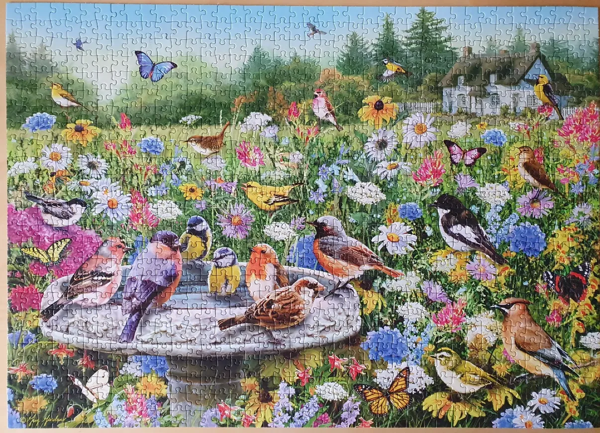 A lush garden scene filled with wildflowers, a stone birdbath, various songbirds, and butterflies.