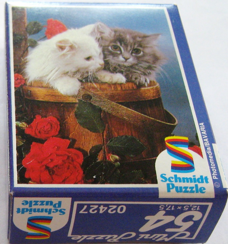 Two fluffy kittens, one white and one grey tabby, peering out from inside a wooden bucket surrounded by red roses.