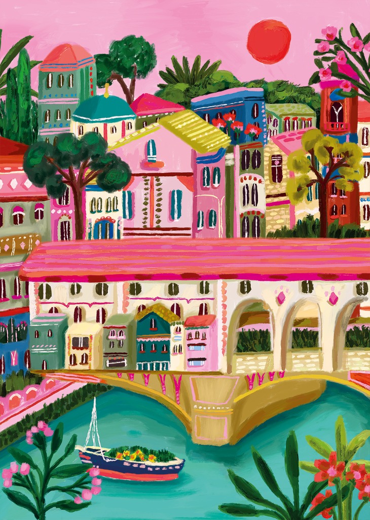 A whimsical illustration of a colorful bridge with shops spanning a teal river, set against a backdrop of houses and a pink s