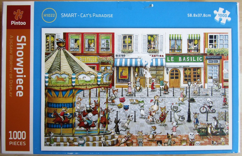 A whimsical illustration of a French street scene filled with anthropomorphic cats in a bustling, lively town square.