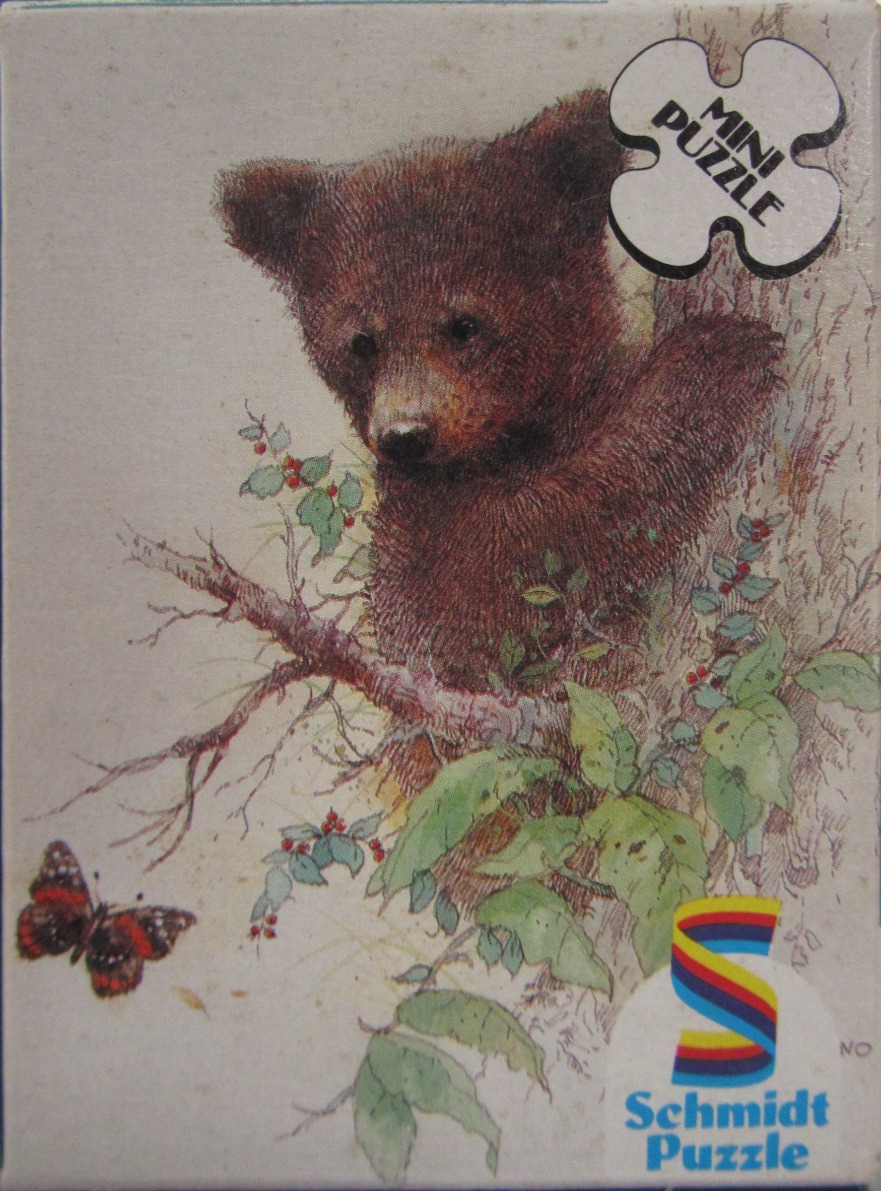 A detailed illustration of a curious bear cub climbing a tree and looking at a butterfly.