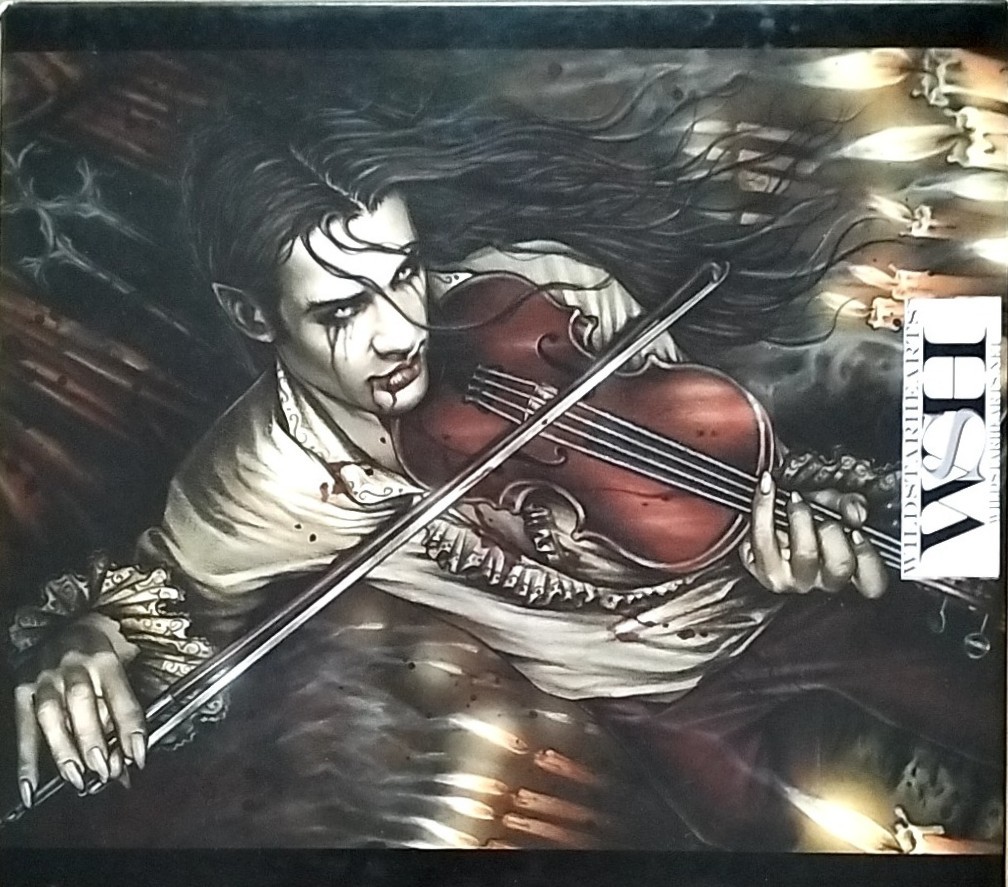 Gothic illustration of a pale vampire man playing a violin by candlelight
