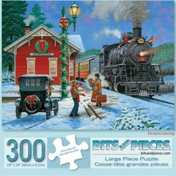 A nostalgic painting of a steam train arriving at a snowy red train station with passengers waiting.