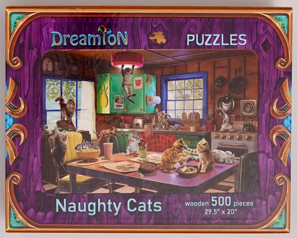 A whimsical illustration of many mischievous kittens causing chaos in a retro-style kitchen.