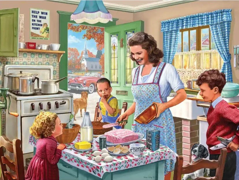 A mother and three children baking together in a 1940s-style kitchen with a view of a street outside.