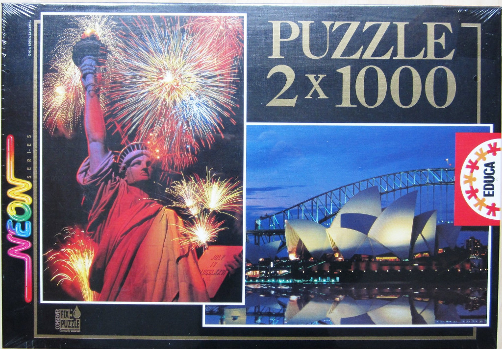 A split-image composition featuring the Statue of Liberty with fireworks on the left and the Sydney Opera House at night.