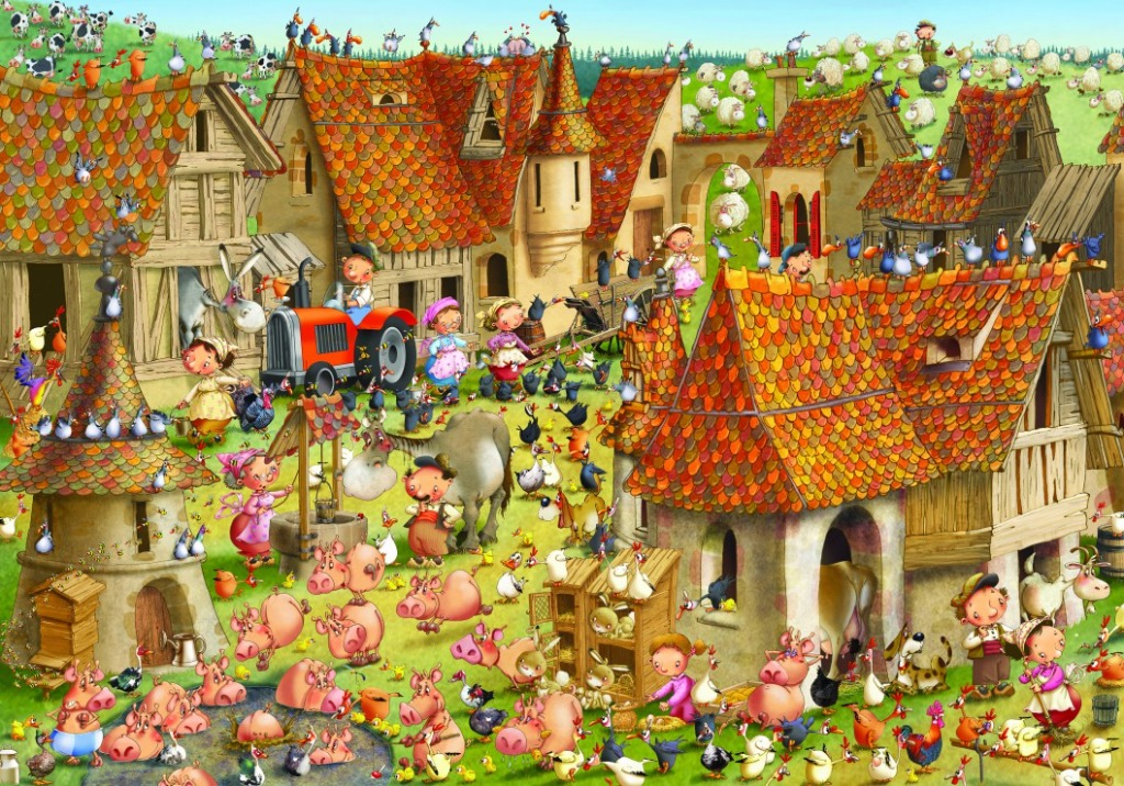 A whimsical illustration of a busy farmyard filled with cartoon animals, people, and medieval-style farm buildings.