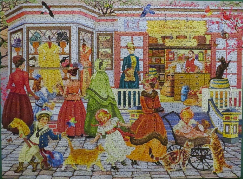 A Victorian street scene with women and children in period clothing window shopping in front of a store.