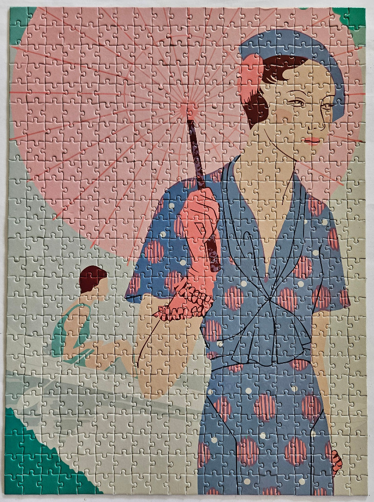 Art Deco style illustration of a woman in a blue polka dot dress holding a pink parasol at the beach.
