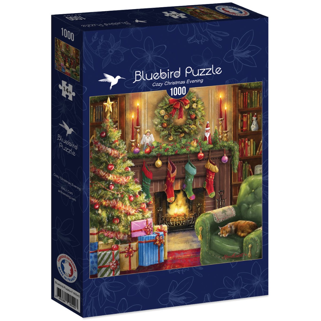 A cozy Christmas living room scene featuring a decorated tree, a fireplace with stockings, and a cat sleeping in a chair.