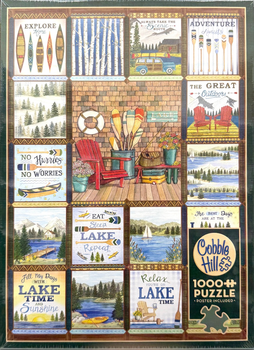 A collage of 15 rectangular panels with outdoor, lake-themed, and inspirational artwork.
