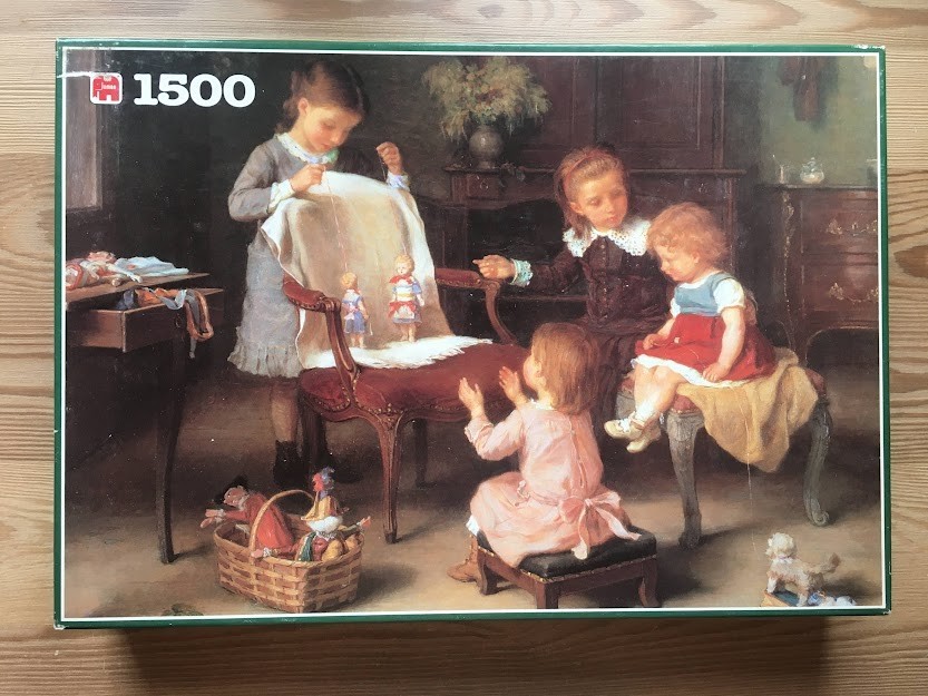 A Victorian-style oil painting of four young children playing with dolls in a dim, formal room.
