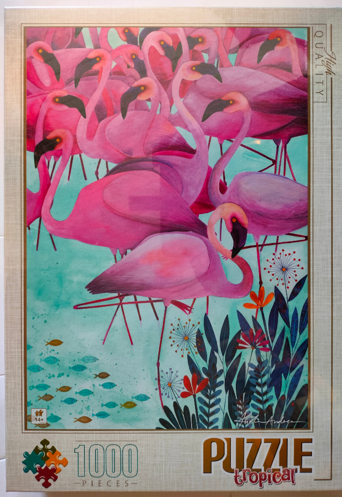 A flock of pink flamingos wading in shallow turquoise water, surrounded by stylized tropical plants.