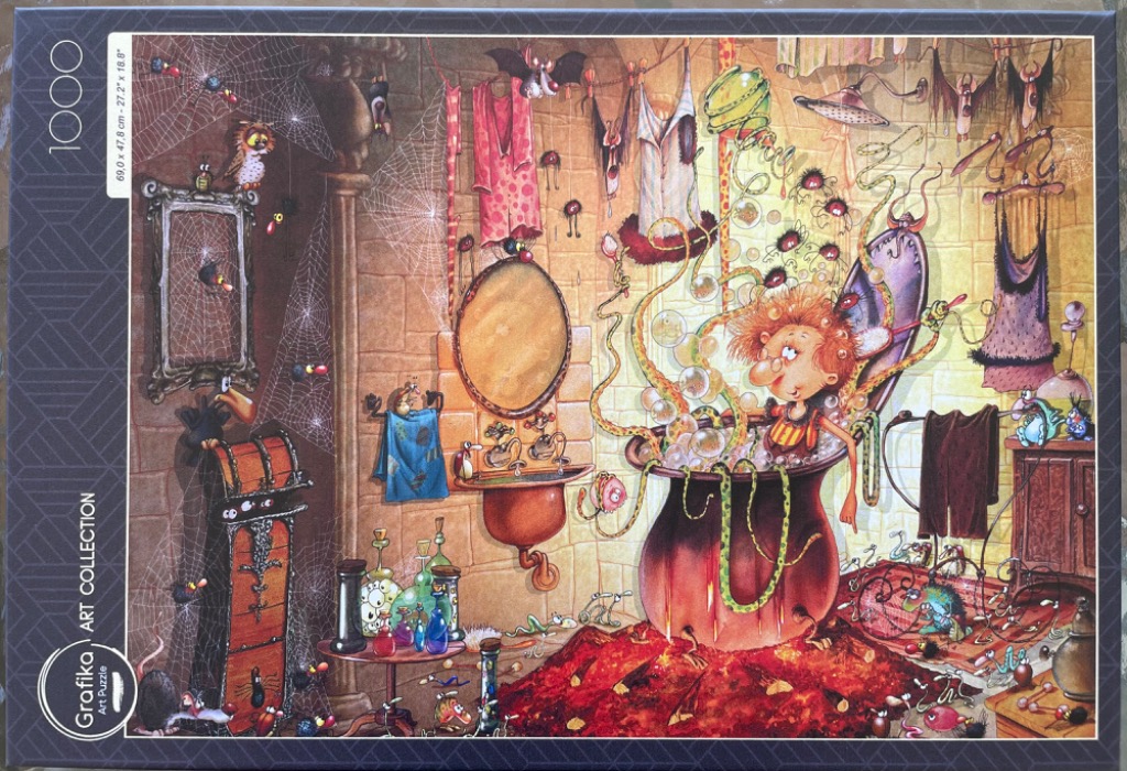 A cartoon illustration of a whimsical witch taking a bath in a cauldron inside a cluttered, spooky bathroom.