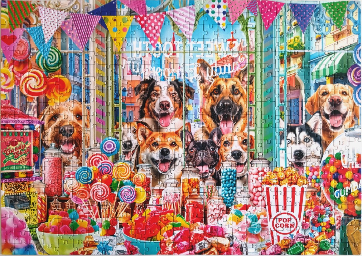 A group of cheerful dogs peeking through the window of a colorful candy shop filled with sweets.