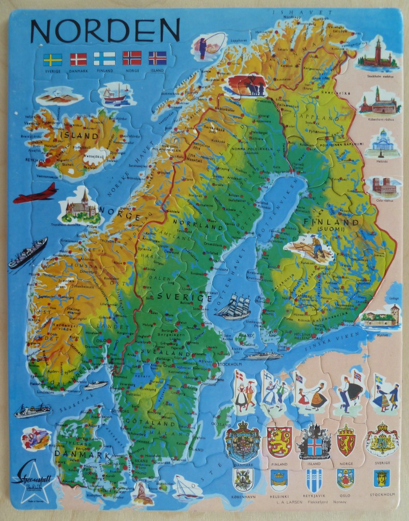 Educational map of Scandinavia featuring regional labels, flags, and cultural illustrations.