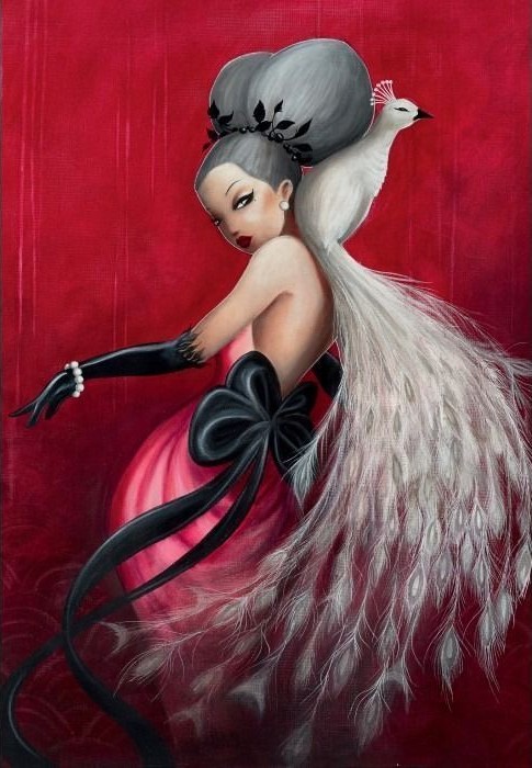 A stylish woman in a pink gown with a white peacock perched on her shoulder against a deep red background.