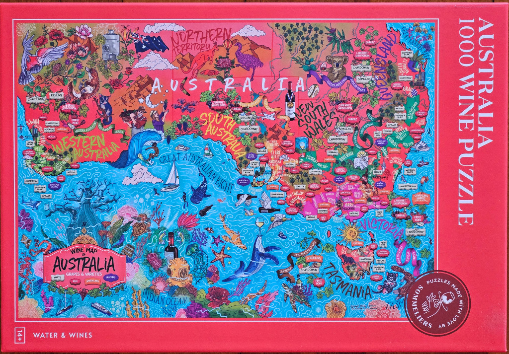 An illustrated map of Australia featuring wine regions, native wildlife, and ocean life in vibrant pinks and blues.