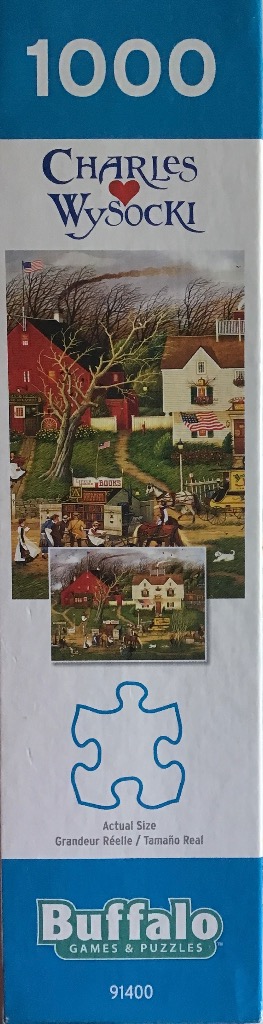 1000-piece puzzle: Charles Wysocki's Americana village scene with red & white buildings, flags, and tree.