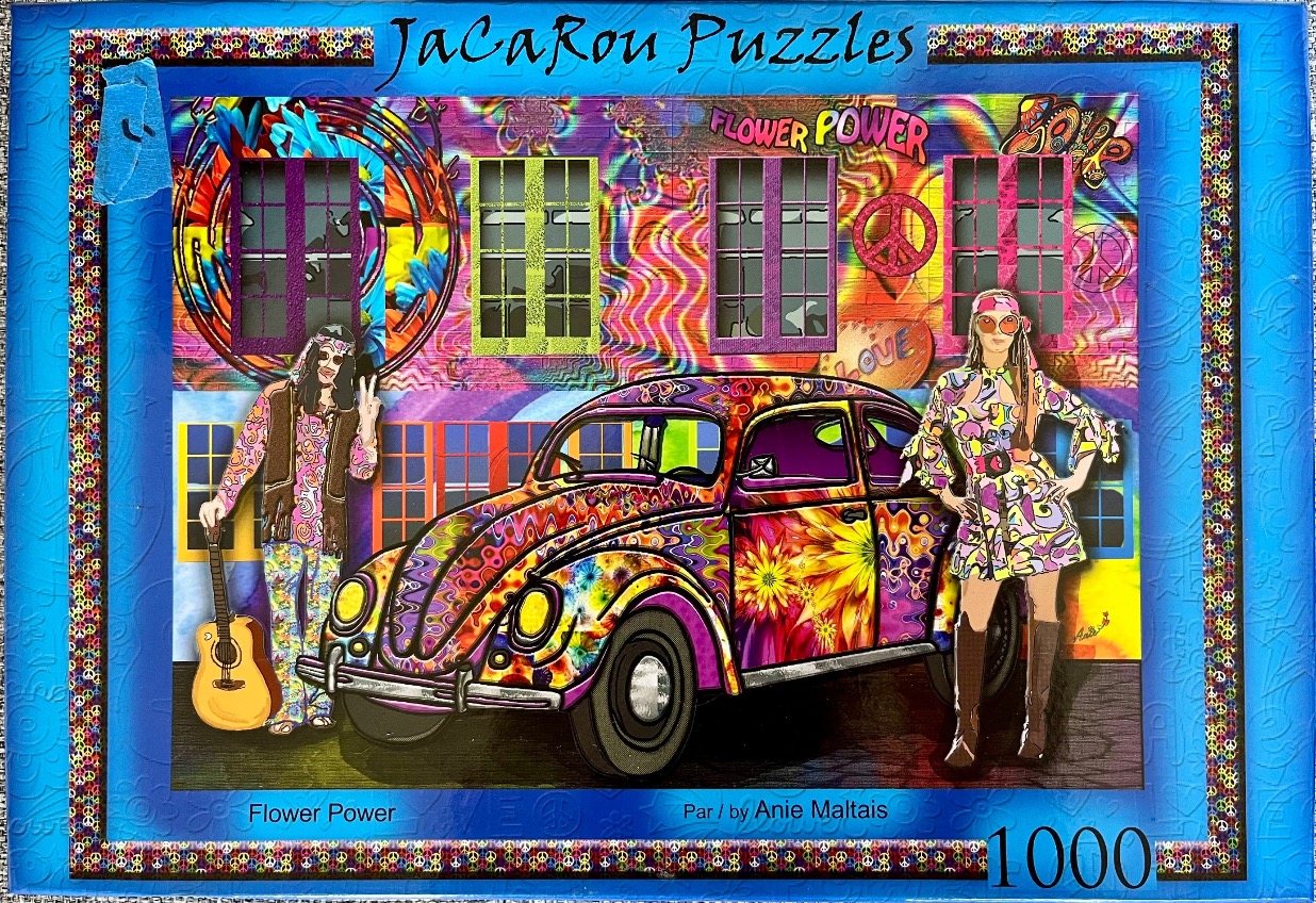 A 1960s-inspired psychedelic scene with a vibrant VW Beetle, a man with a guitar, and a woman in a mod-style dress.