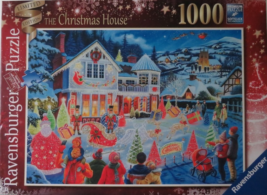 Illustration of a festive Christmas house surrounded by holiday decorations, a sleigh, and families in a snowy village.