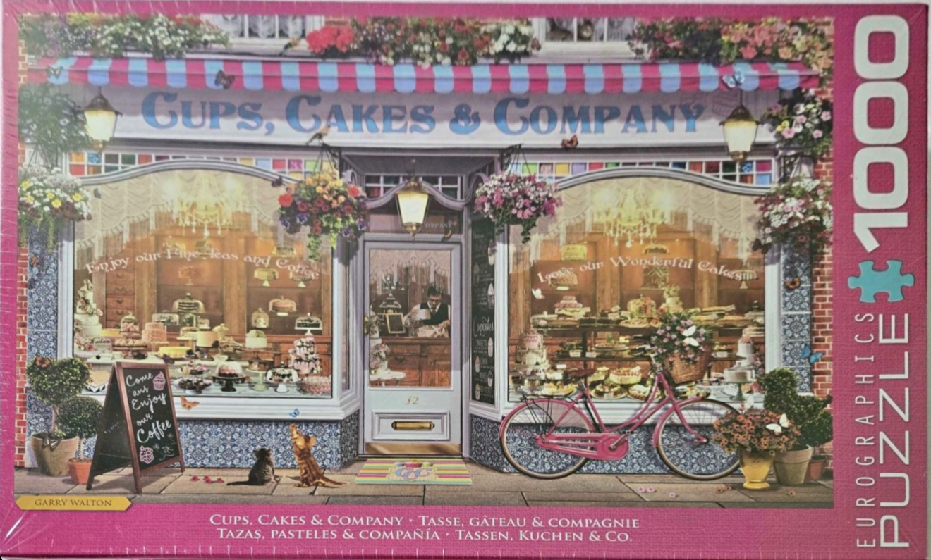 A charming, illustrated confectionery shop exterior named Cups, Cakes & Company with a pink bicycle in front.