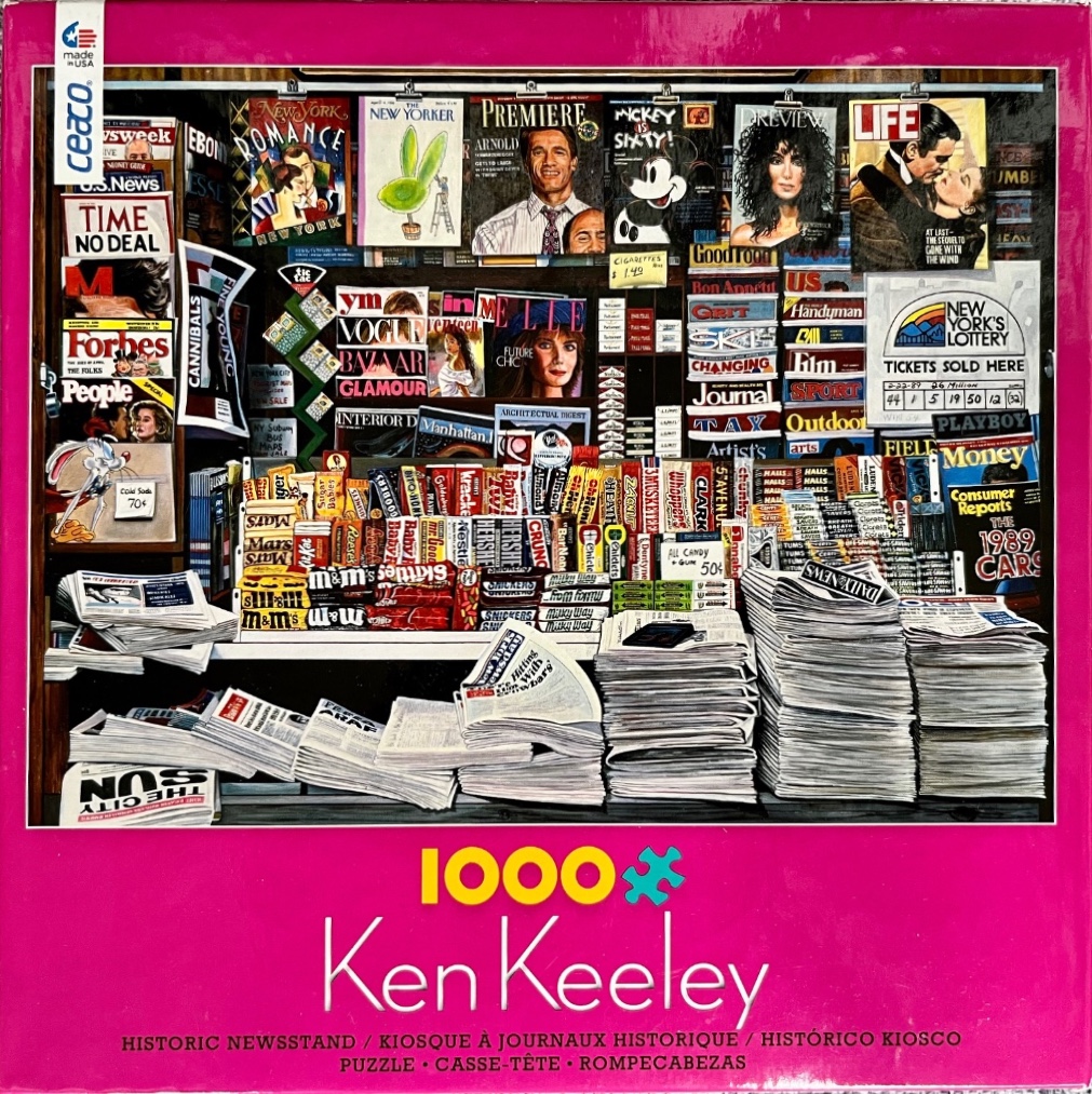 A detailed painting of a cluttered 1980s urban newsstand filled with magazines, newspapers, and candy bars.