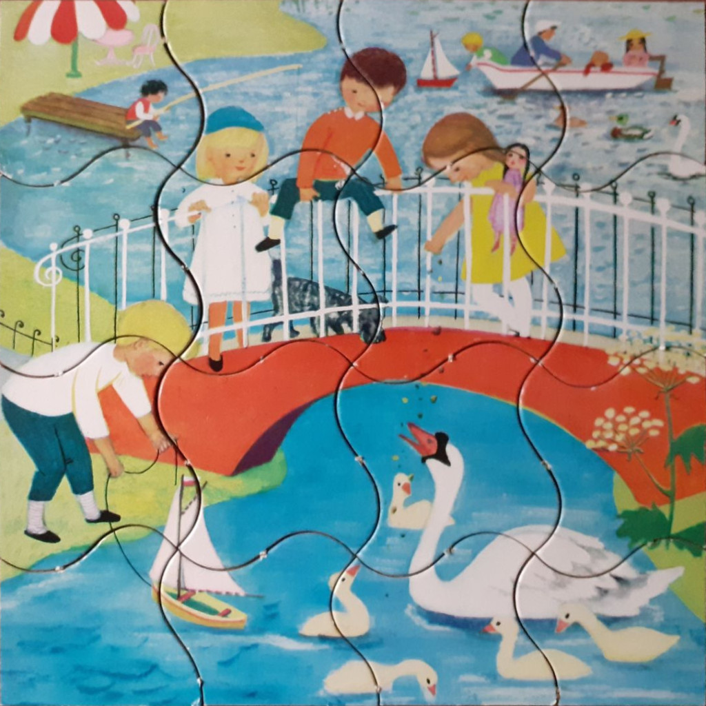 A vintage-style illustration of children at a pond with a white bridge, feeding swans and playing with toy boats.