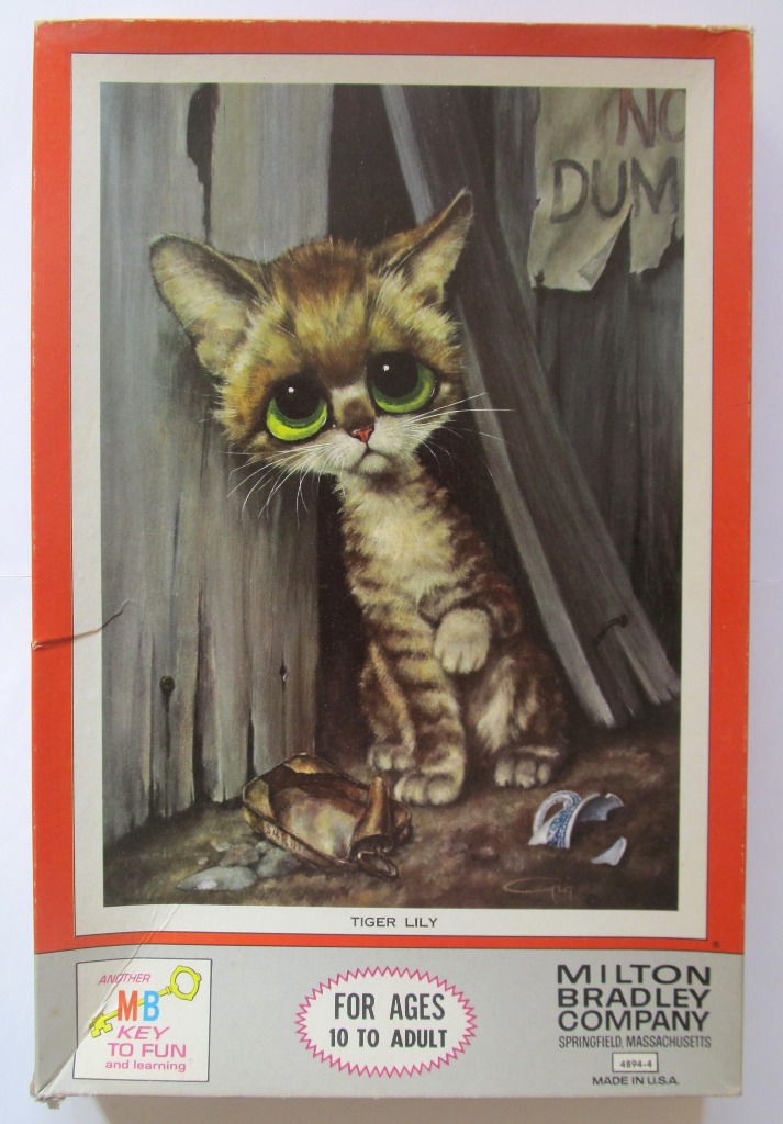 A sad, wide-eyed tabby kitten sitting by a wooden fence in a vintage illustration style.