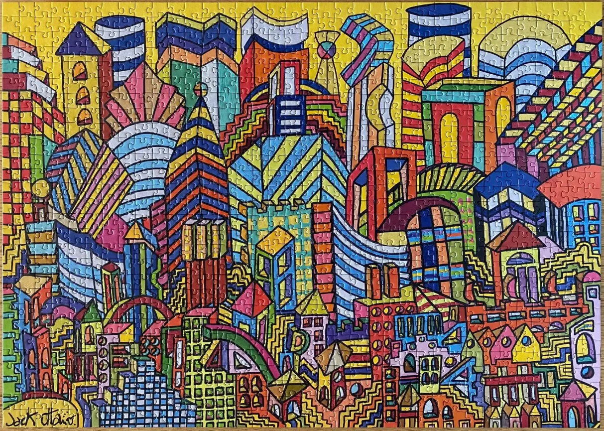 A dense, vibrant abstract illustration of a stylized, colorful cityscape against a bright yellow background.