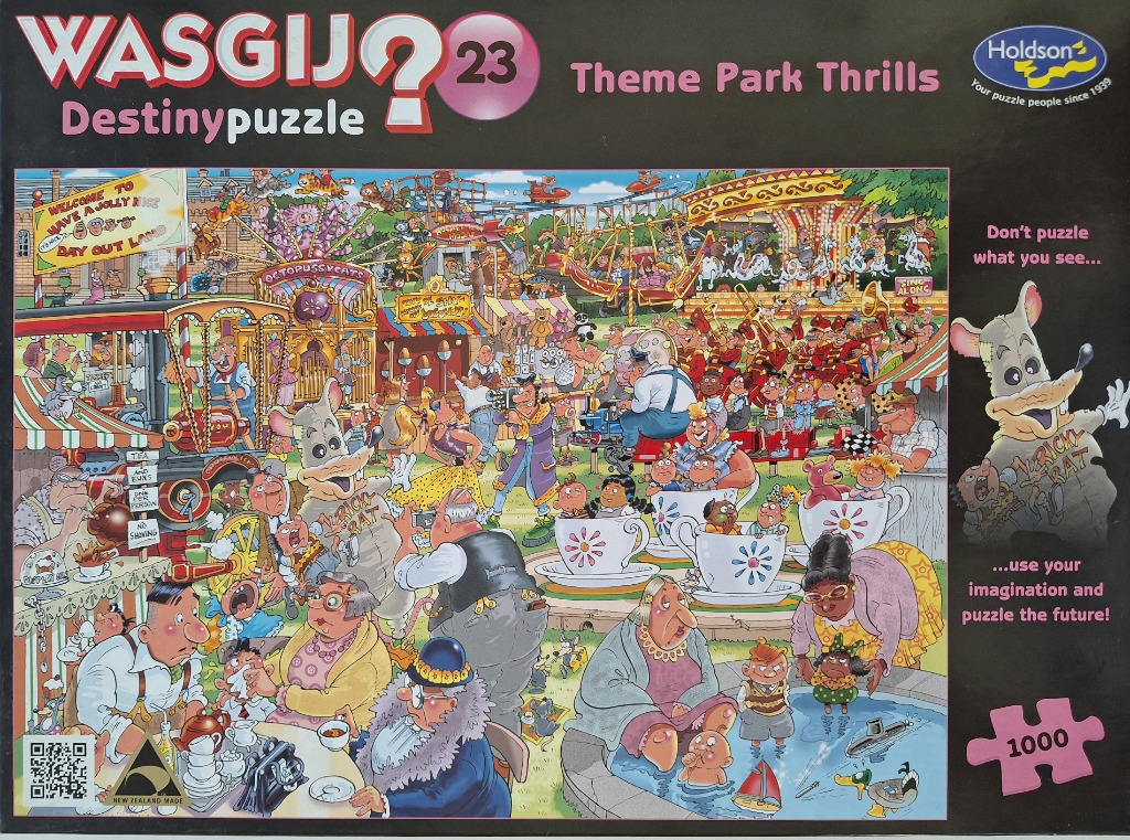 A chaotic, cartoon-style illustration of a busy, slightly run-down theme park titled Day Out Land.