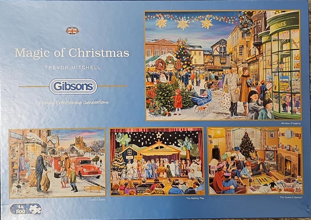 Four detailed illustrations depicting nostalgic Christmas scenes in a small town.