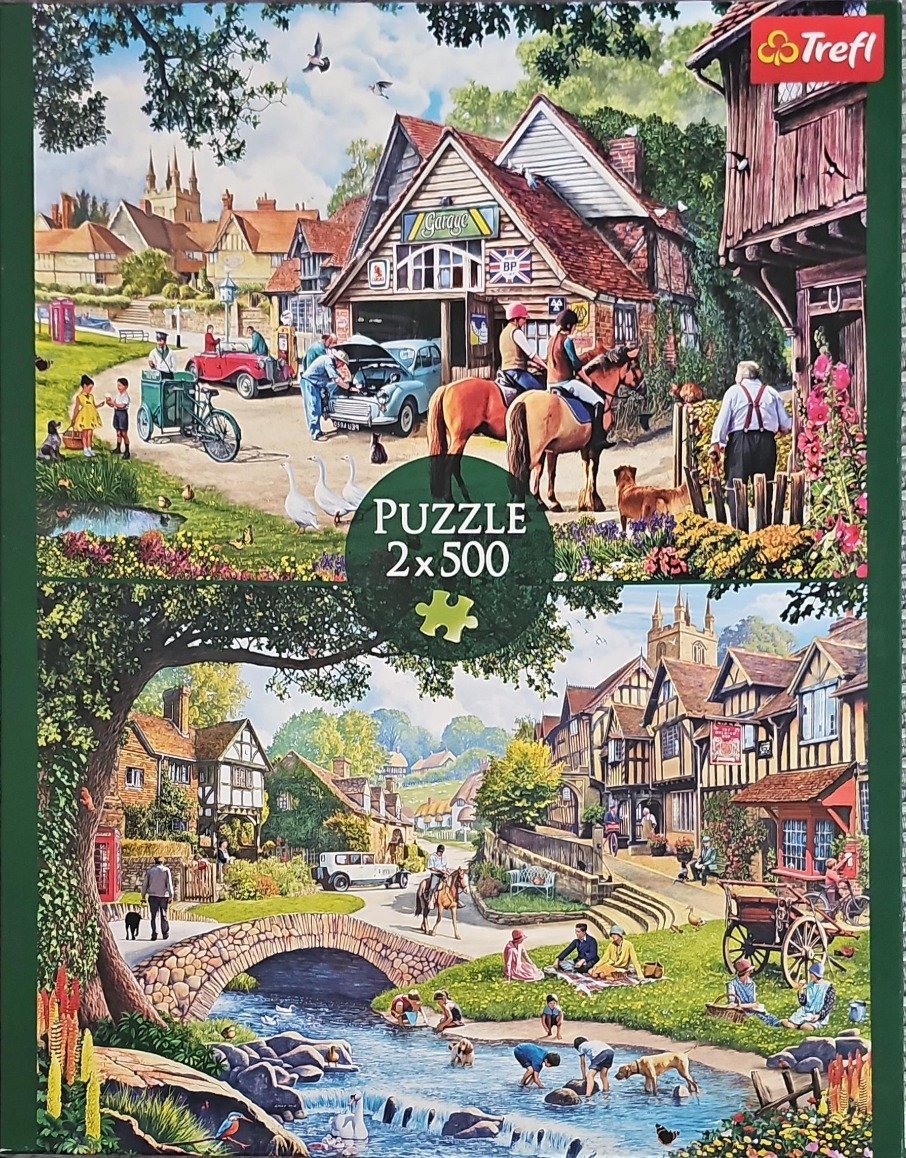 Two idyllic English village scenes featuring timbered buildings, horses, and a stone bridge over a stream.