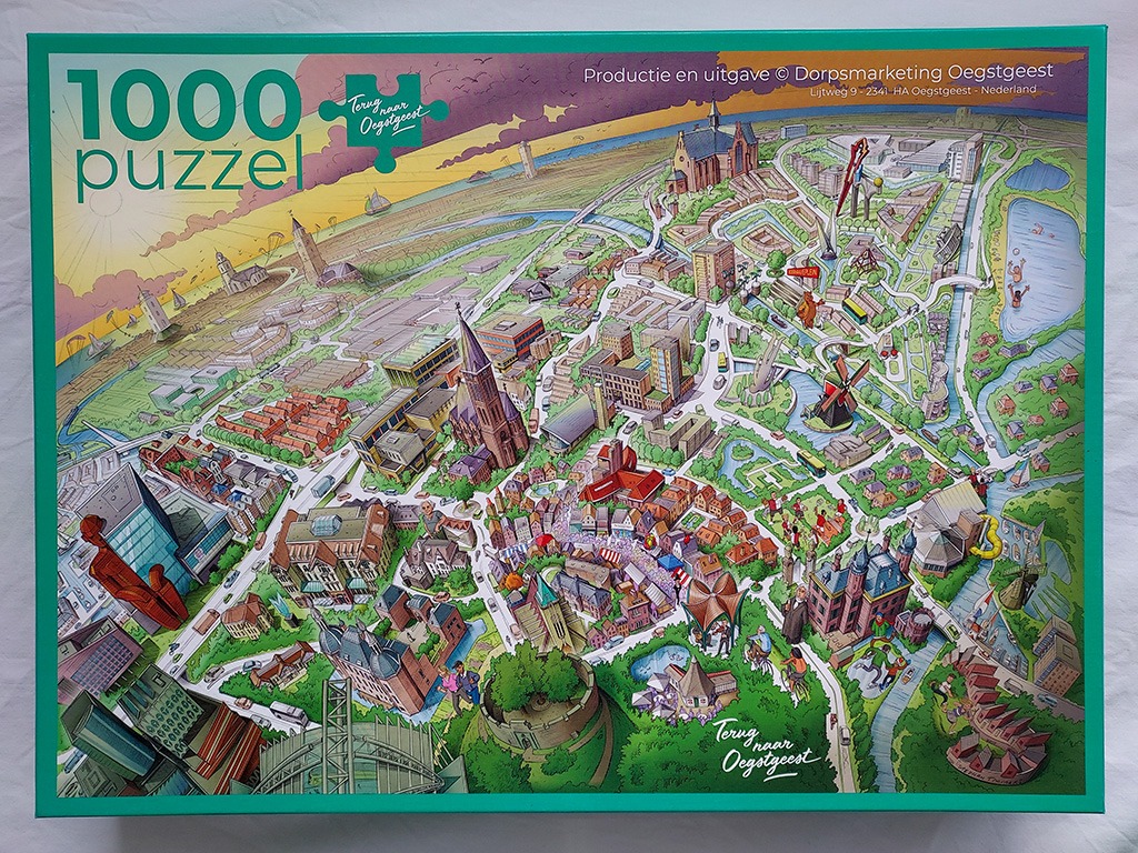 An illustrated bird's-eye view of Oegstgeest, showing streets, buildings, green spaces, and a sunset sky.