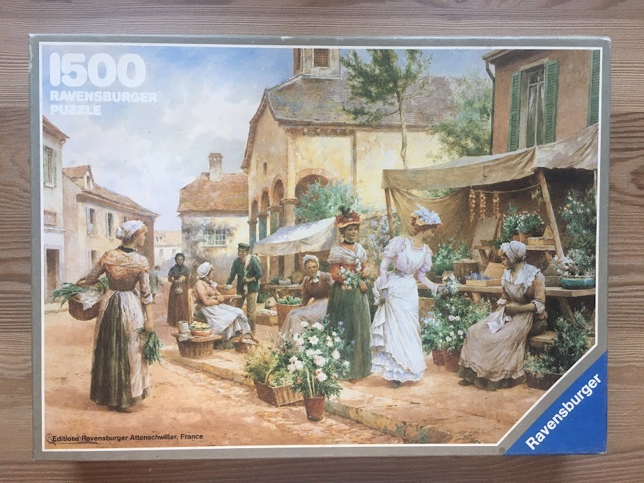 Oil painting of a sunny 19th-century European flower market with women in period clothing