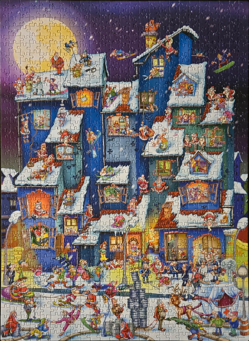 Whimsical Christmas cartoon of a tall, snow-covered blue apartment building filled with Santas and elves.