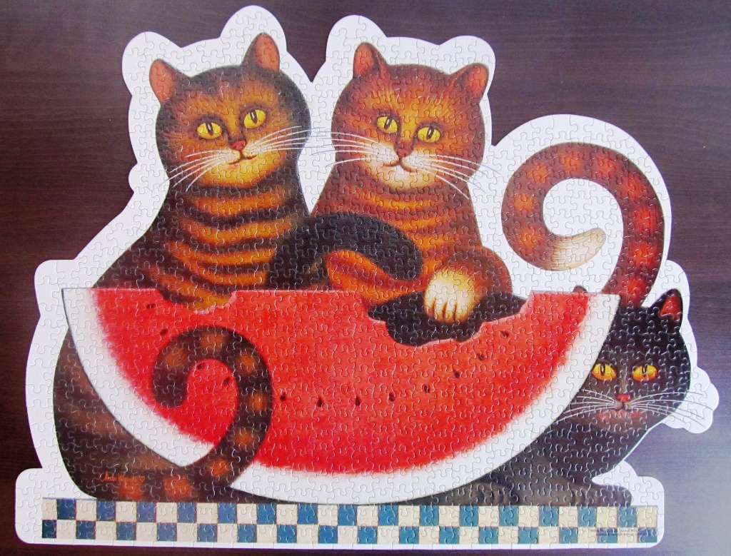 Three cats interacting with a large slice of watermelon, illustrated in a whimsical folk art style.
