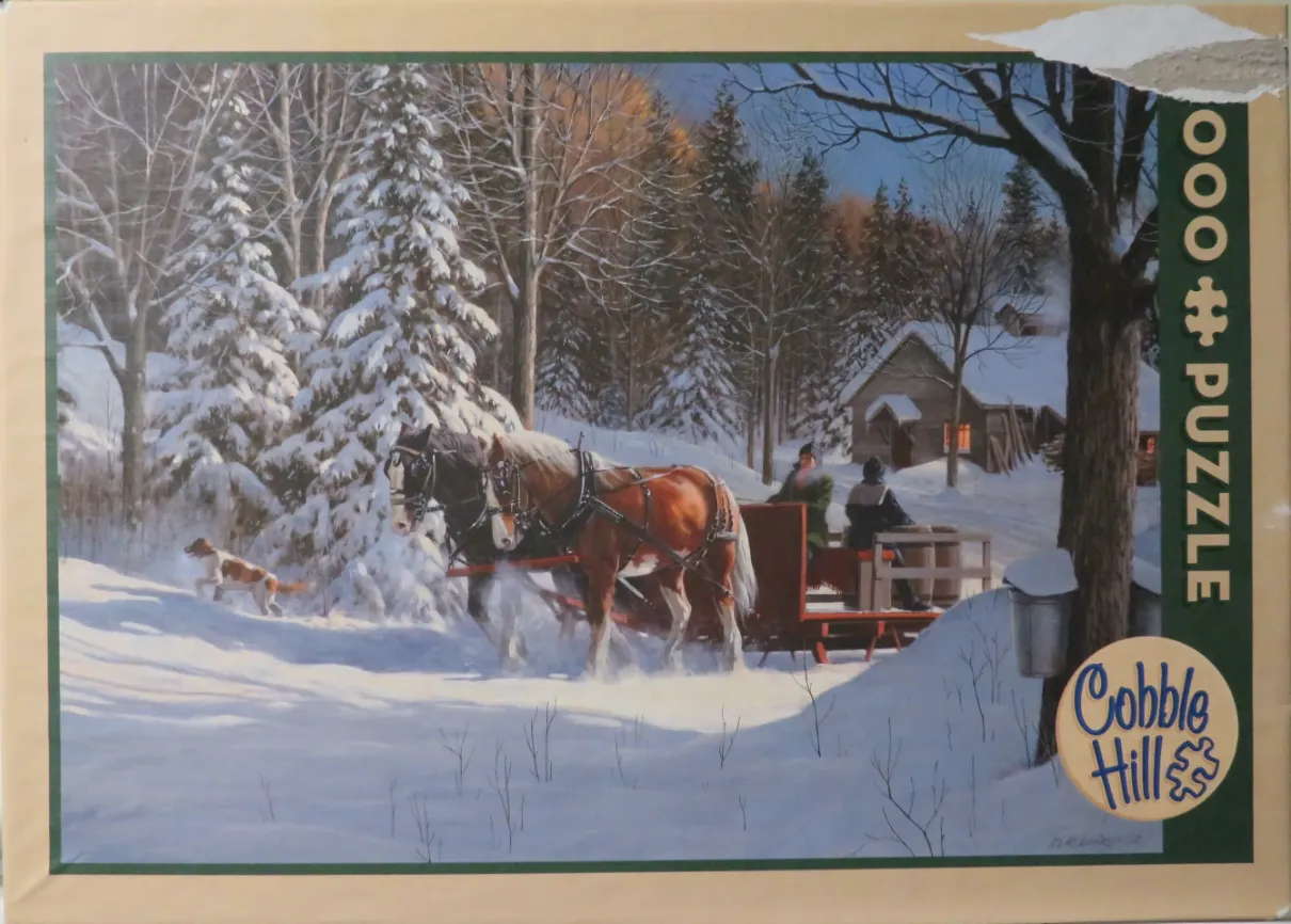 A horse-drawn sleigh traveling through a snowy forest past a cabin at dusk.