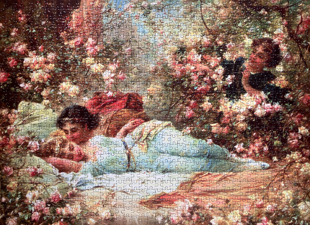 A romantic Victorian oil painting featuring a woman reclining in a rose garden as a child reaches out from the flowers.