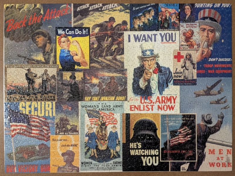 A collage of vintage World War II American propaganda and recruitment posters.