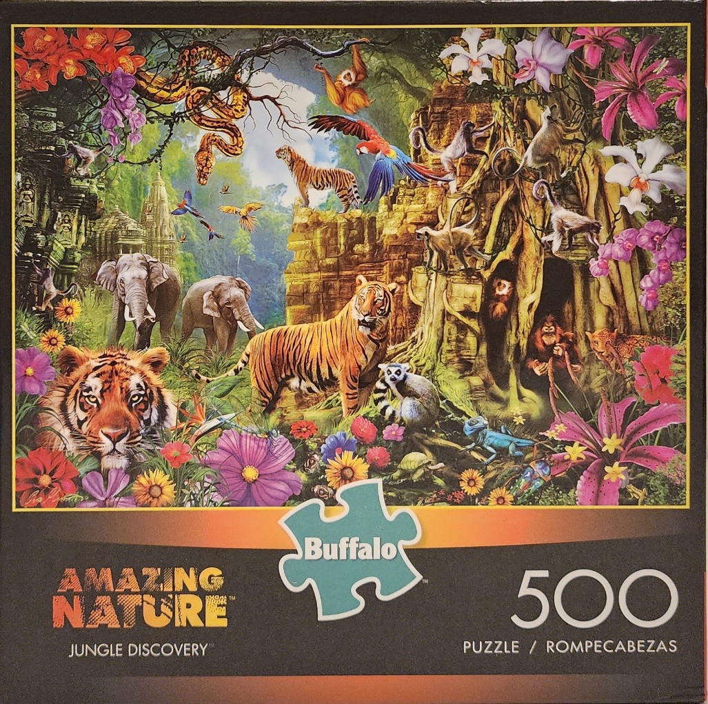 A lush, detailed illustration of diverse jungle wildlife among ancient stone ruins.